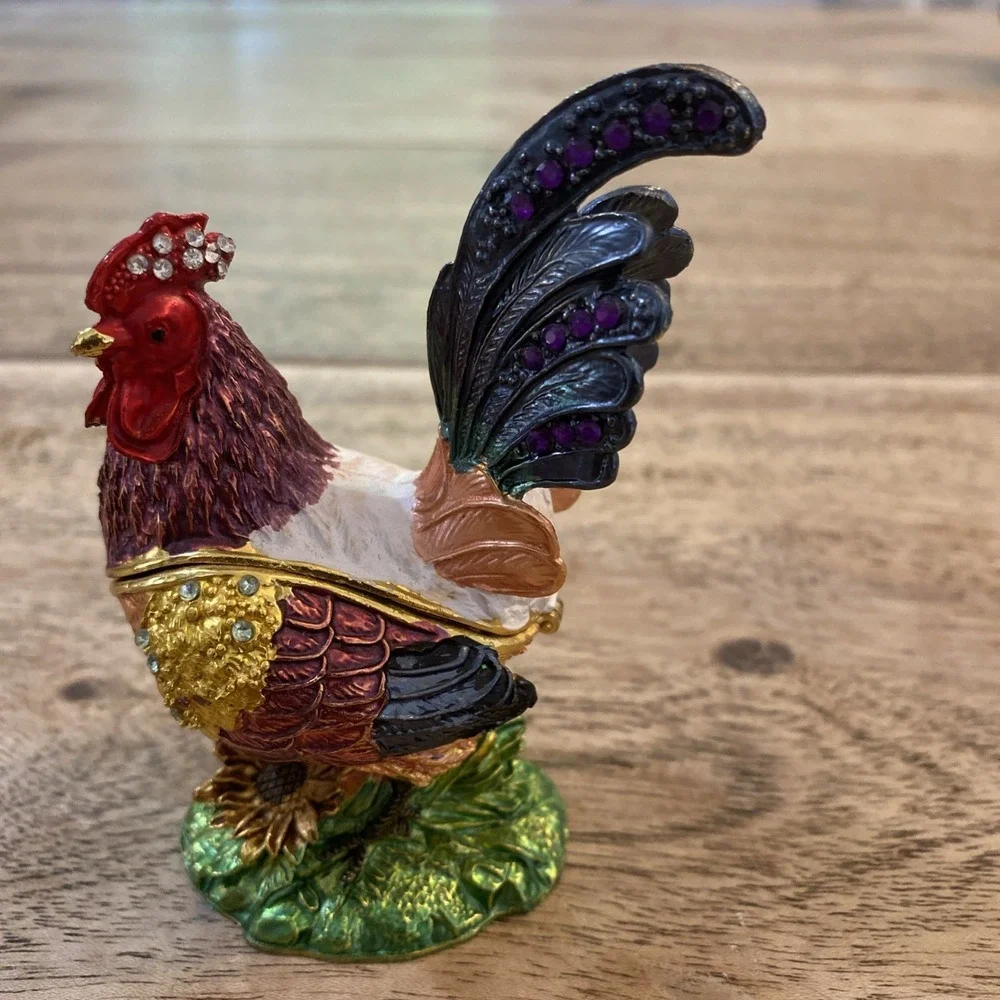 Bejeweled Colorful Rooster Jeweled  Trinket Box Hinged Magnetic Closure Small